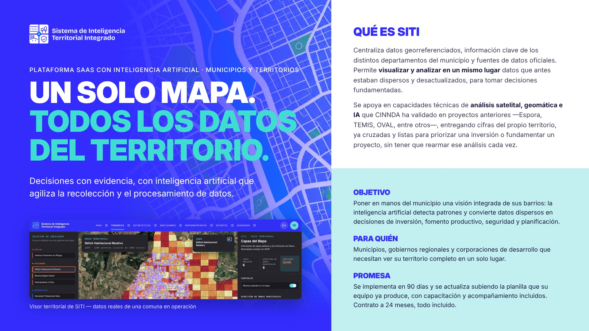 SITI, plataforma SaaS con inteligencia artificial para municipios: un solo mapa con todos los datos del territorio. Qué es SITI, objetivo, para quién y promesa de implementación en 90 días.